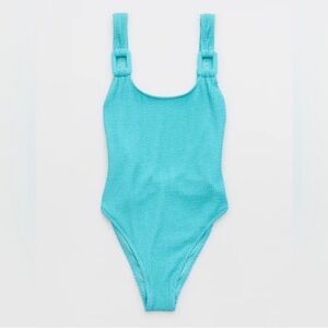 Aerie Birthday Crinkle Scoopneck One Piece Blue Shimmer Swin NWT